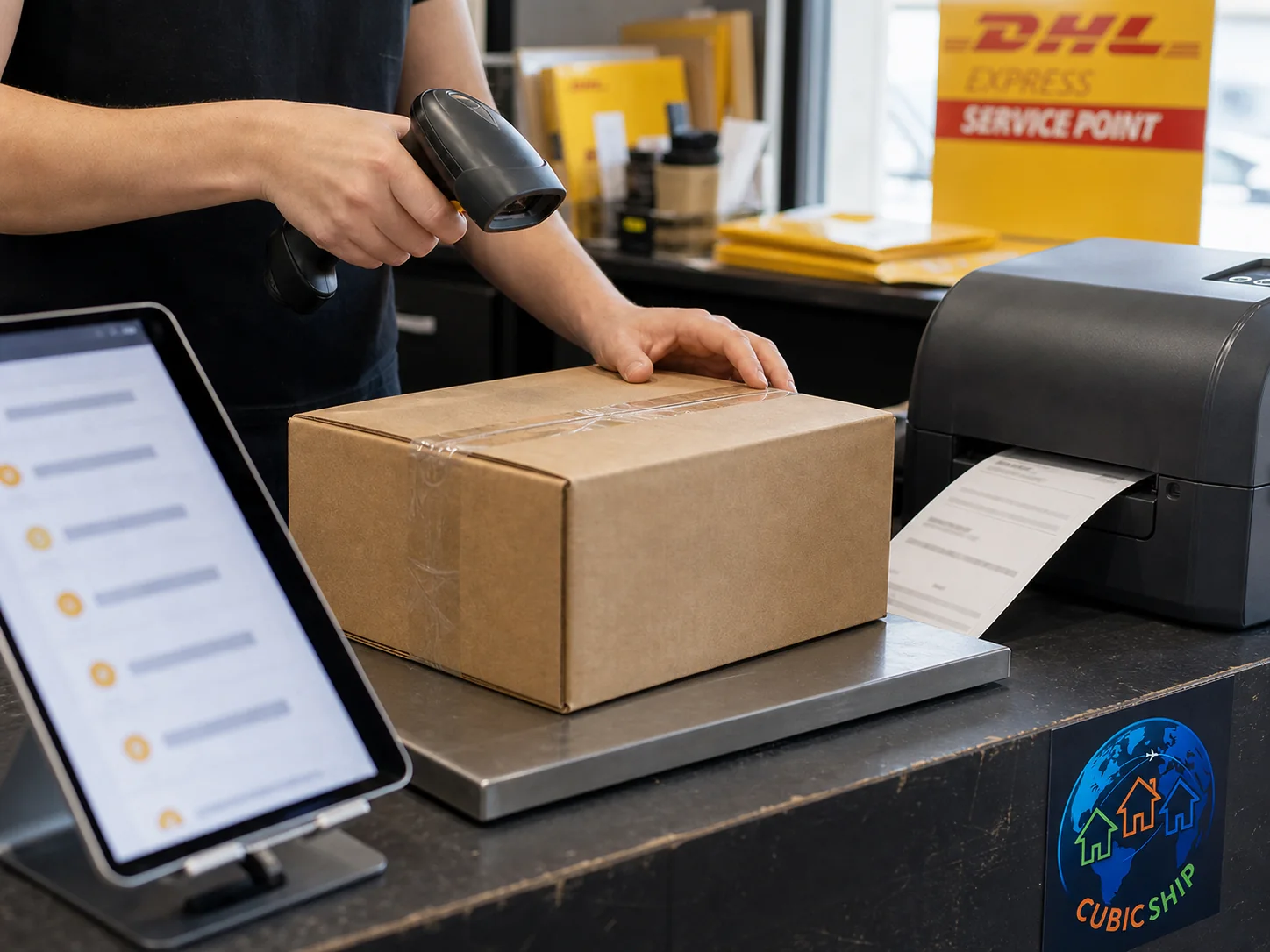 Parcel scanning workflow at a CubicShip DHL Express Service Point counter